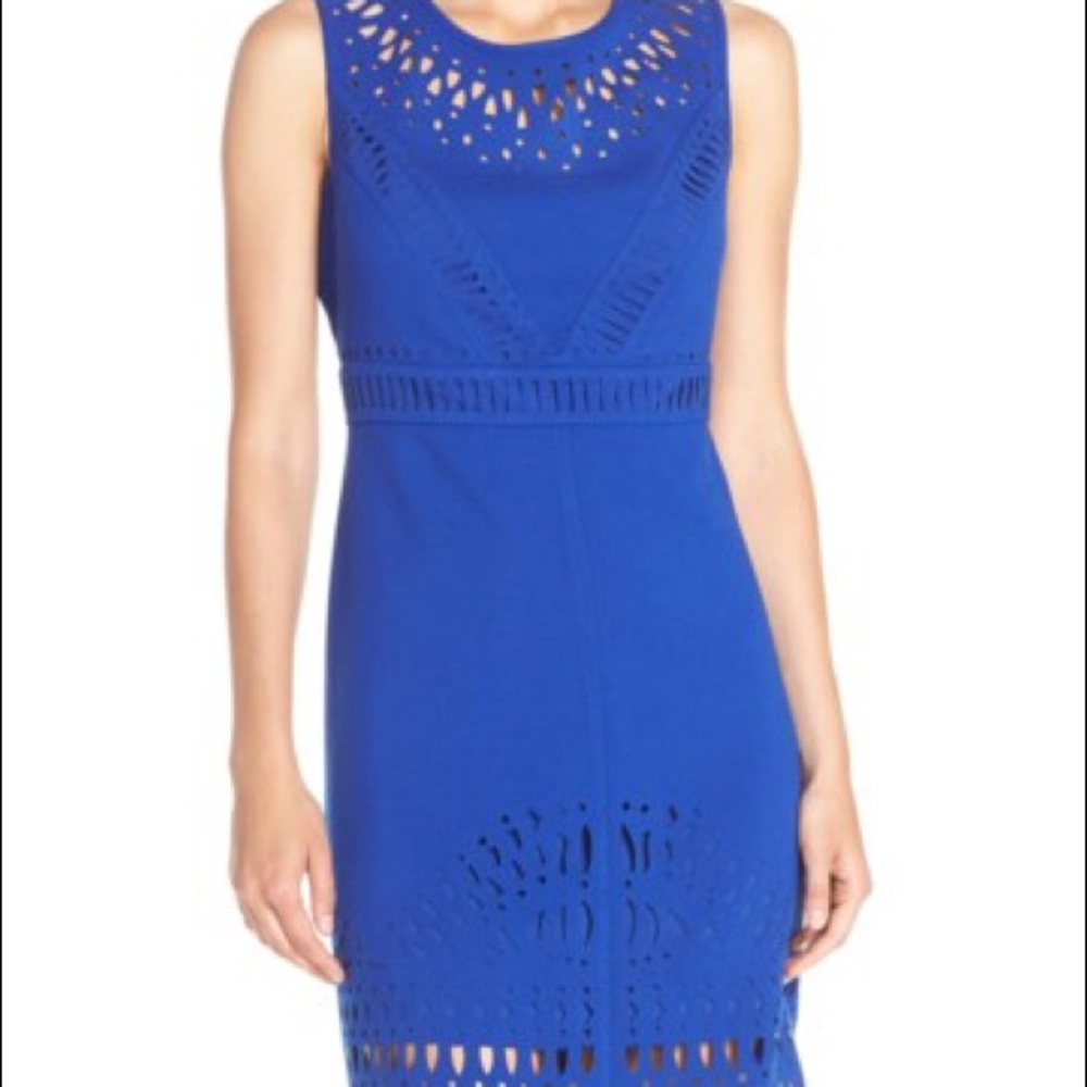 Eliza J laser cut crepe sheath dress.